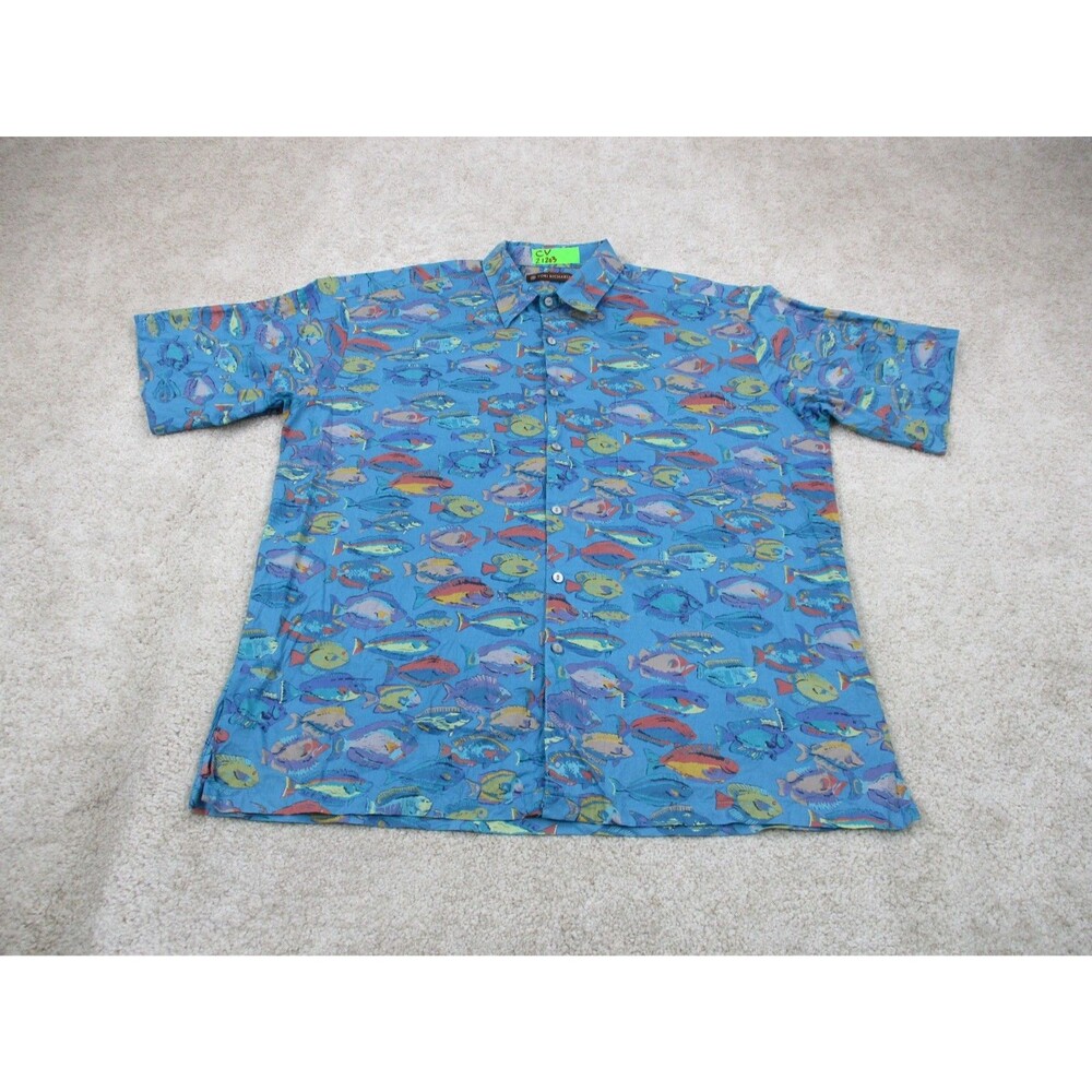 Tori Richard Shirt Men Large L Blue Fish Print Cotton Lawn Hawaiian Button Up US